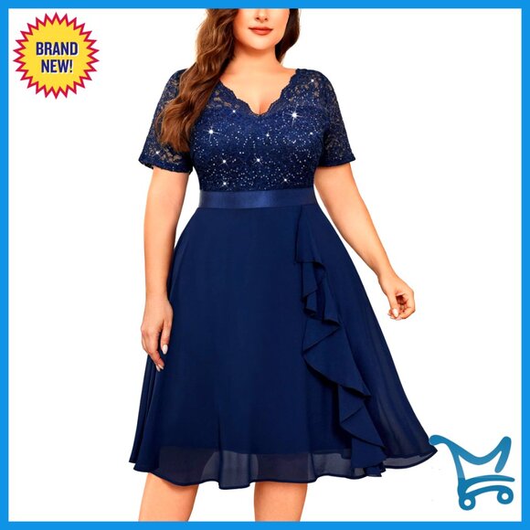 Dresses & Skirts - Sequins Lace Chiffon V Neck Flowy Cocktail Prom Midi Dress Elegant Party Wear